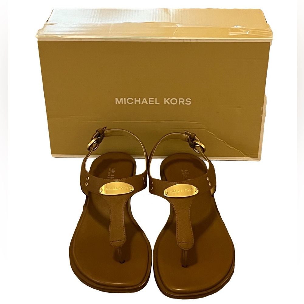 Michael Kors Brown Leather T-Strap Sandals with Gold Logo Plaques